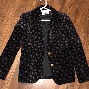 Zara black floral velvet blazer with gold buttons